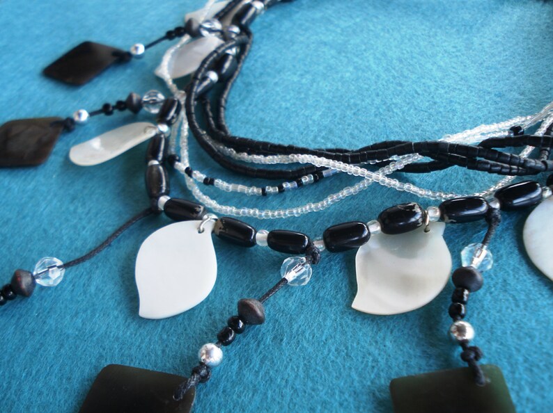 Vintage Antique Black White Mother Of Pearl Pendants Multilayer Greek Necklace 1970s