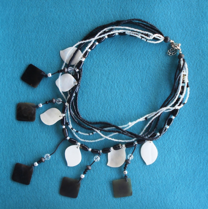 Vintage Antique Black White Mother Of Pearl Pendants Multilayer Greek Necklace 1970s
