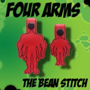 Könnte beinhalten: Zwei rote Filzfiguren mit jeweils vier Armen, eine größer als die andere. Die Figuren sind mit schwarzem Faden umrandet und haben schwarze Knöpfe als Köpfe. Der Text "FOUR ARMS" befindet sich oben im Bild und "THE BEAN STITCH" unten.