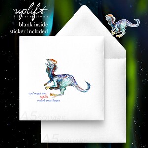 Tarjeta de felicitación Punny - Gracias / Amistad / Just Because / Treat Yourself Dinosaur card lee, "You've got me raptor round your finger"