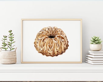 Bundt Cake Watercolor Illustration - Kitchen Art Print - Bakeware Painting