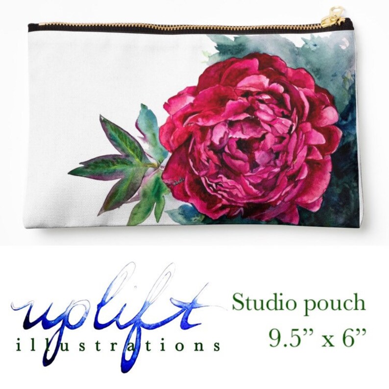 pencil or makeup bag with floral art Canvas Watercolor Peony Pouch w gold zipper