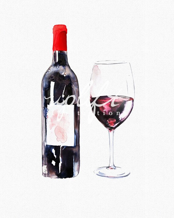 Red Wine Watercolor Illustration Kitchen Art Print Bottle | Etsy