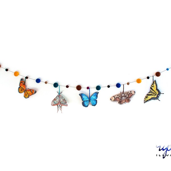 Butterfly Illustrated Garland - Insecta baby crib garland - Watercolor Nursery Decor