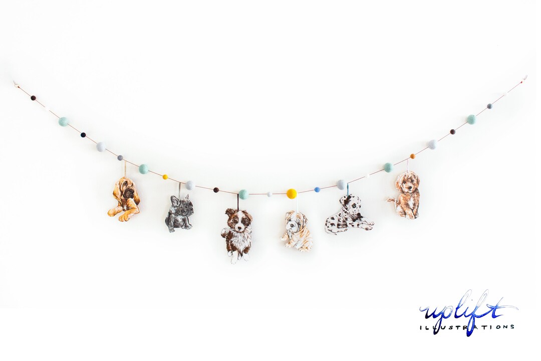 Puppy Garland Felted Nursery Garland W/ Watercolor Dog Illustrations