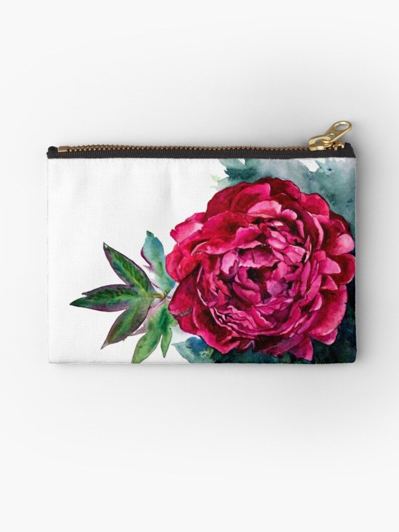 pencil or makeup bag with floral art Canvas Watercolor Peony Pouch w gold zipper