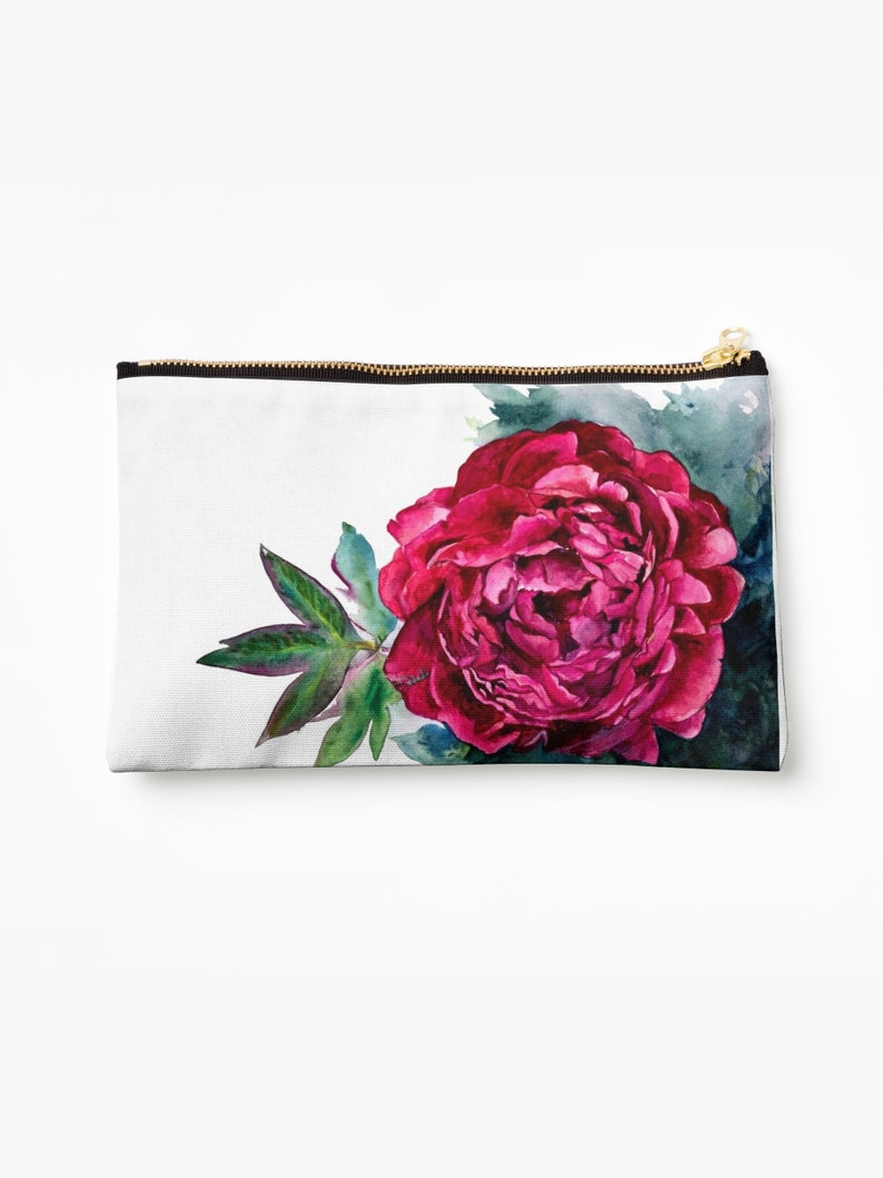 pencil or makeup bag with floral art Canvas Watercolor Peony Pouch w gold zipper