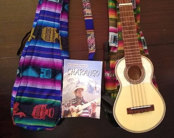Charango - Genuine high quality 1 piece hand carved Andean stringed folk instrument - (comes with case, shoulder strap & book)