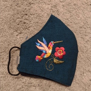 Hummingbird embroidered reusable 3 layer face mask with soft and stretchy ear loops and Polypropylene Microfiber Filter