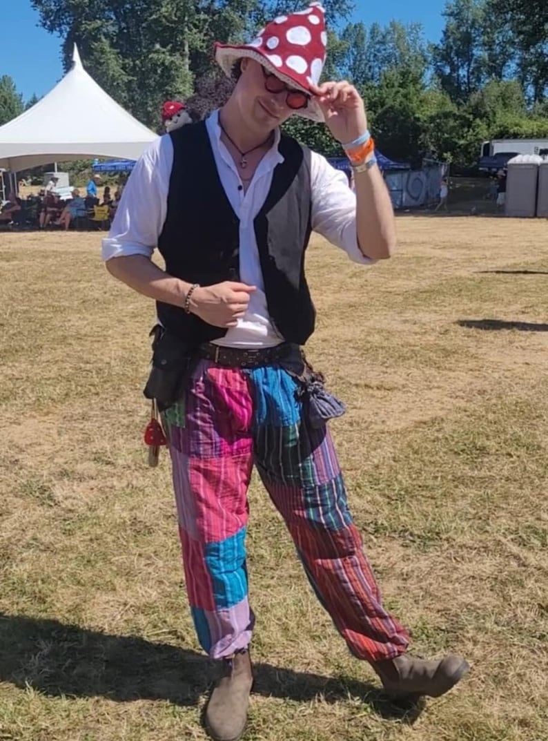 May include: A person wearing a white shirt, black vest, and colorful patchwork pants. They are wearing a red and white mushroom hat with white polka dots and sunglasses. The person is standing in a grassy field.