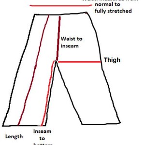May include: Diagram showing how to measure the waist, inseam, thigh, and length of pants. The waist measurement is taken from the normal to fully stretched position. The inseam is measured from the crotch to the bottom of the pant leg. The thigh measurement is taken at the widest part of the thigh. The length is measured from the top of the waistband to the bottom of the pant leg.