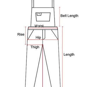 Puede incluir: Un dibujo de l&iacute;nea de un mono con medidas etiquetadas para la altura de la cintura, la cintura, la cadera, el muslo, la entrepierna, el dobladillo, la longitud y la longitud del cintur&oacute;n.