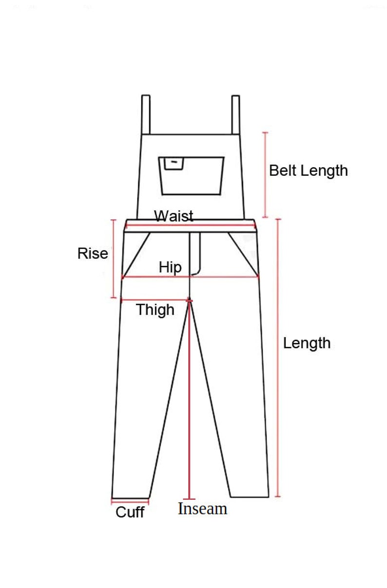 Puede incluir: Un dibujo de l&iacute;nea de un mono con medidas etiquetadas para la altura de la cintura, la cintura, la cadera, el muslo, la entrepierna, el dobladillo, la longitud y la longitud del cintur&oacute;n.