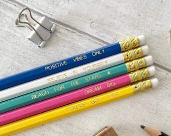 Positive Pencil Set - Mental Health Gift - Motivational Pencils - Self Care - Gold Foil