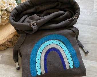 Blue Rainbow Cross Neck Hoodie, Charcoal, Snuggly Loungewear