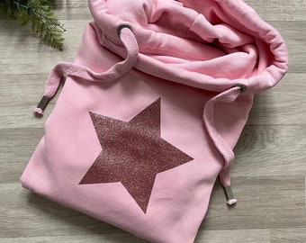 Rose Gold Glitter Star Cross Neck Hoodie, Heather Grey, Baby Pink, Snuggly Loungewear