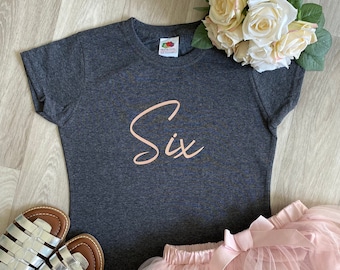 Six Rose Gold Girls Birthday T-shirt, 6th Birthday