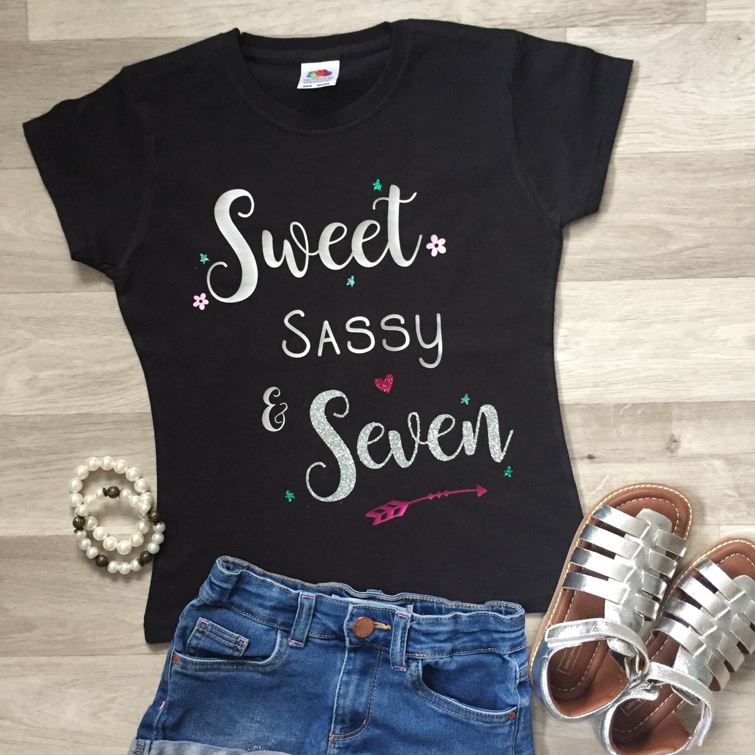 Sweet, Sassy & Seven Girls Birthday T-shirt, Seventh Birthday, 7th Bi…