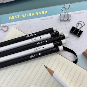 Personalised Black & White Pencils – Matte Finish | Custom Name Pencils | Back to School Gift | Hand Foiled Stationery Set
