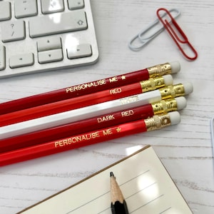Red HB Pencils Set – Hand Stamped Gold Foil | Red, Dark Red & White | Personalised Stationery