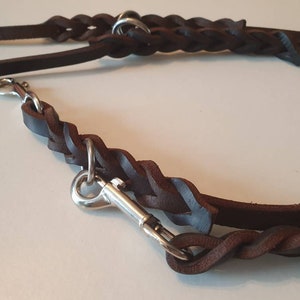 May include: A brown leather dog leash with a braided design and two silver clips.