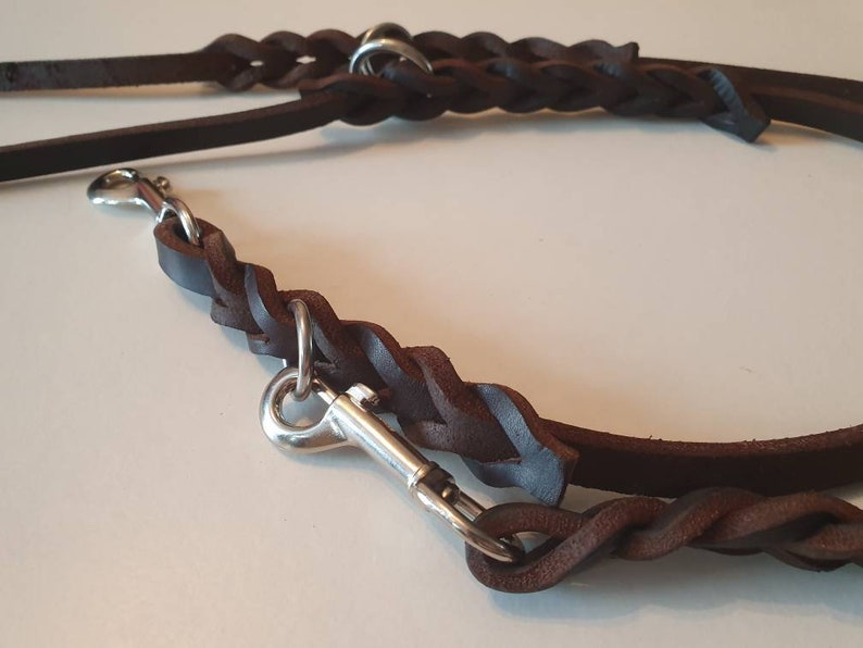 May include: A brown leather dog leash with a braided design and two silver clips.