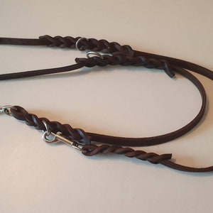 May include: A brown leather dog leash with two clips. The leash is braided and has a smooth leather strap.