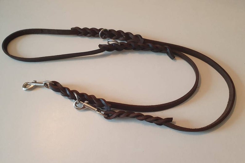 May include: A brown leather dog leash with two clips. The leash is braided and has a smooth leather strap.