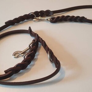 May include: A brown leather dog leash with a braided design and two metal clips.
