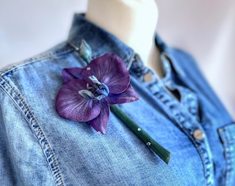 Denim Orchid Brooch, Unique Handmade flower brooch, Ideal Denim 3thAnniversary wedding Gift, Trendy Fashion Jeans Jewelry pin, denim corsage