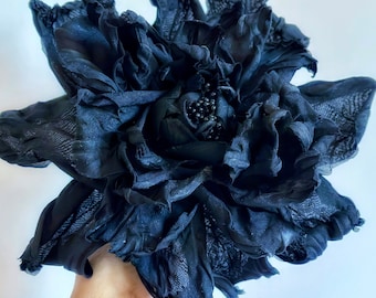 Large black flower brooch, black silk floral pin, unique botanical jewellery, rose flower corsage brooch, statement brooch ,  party  flower