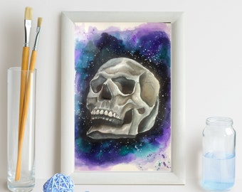 Spooky Space Skull Acuarela Pintura