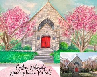 Custom Watercolor Wedding Venue Portrait, Anniversary Gift