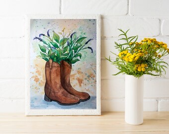 Botas con flores acuarela pintura