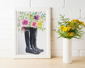 Botas de lluvia con flores acuarela pintura
