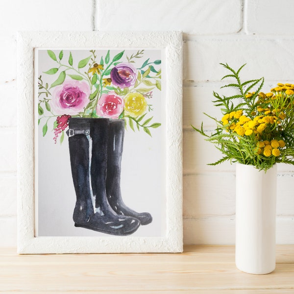 Rain Boots with Flowers Watercolor Painting