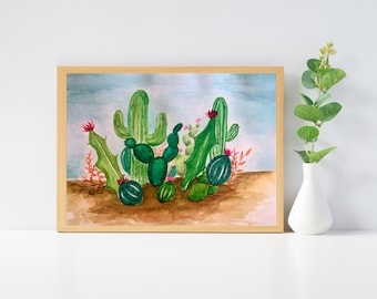 Cactus en una pintura de acuarela del desierto