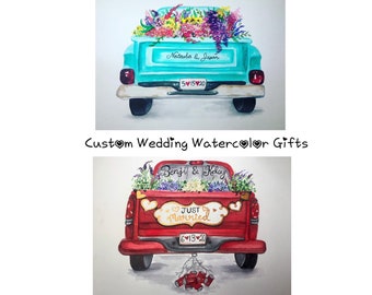 Pintura de acuarela de camión de escapada de boda personalizada