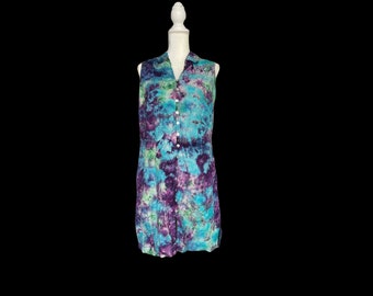 Tie-Dye Women's Dress Size 10 Ice-Dye Purple Blue Green Handmade Sleeveless Flower Embroidery