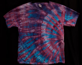 Tie-Dye T Shirt Size Youth Large Hand Dyed Purple Lavender Blue Fuchsia Pink Ice-Dyed Short Sleeve Unisex Side Spiral