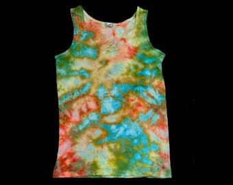 Tie-Dye Women's Tank Size Large Ice-Dye Coral Blue Green Splatter Tank Hand Dyed