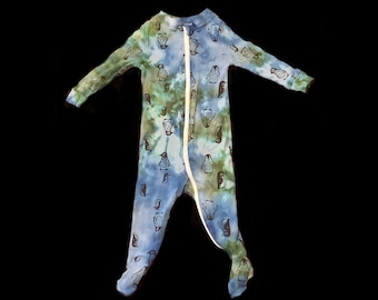 Tie-Dye Ice-Dye Baby Footie's Pajamas 6-12M Baby Hand Ice- Dyed Infant Penguin Print Blue Green Jammies Night Clothing