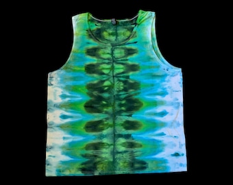 Tie-Dye Men’s Tank Top Shirt Size 2X Blue Green White Stripe Hand Dyed 100% Cotton