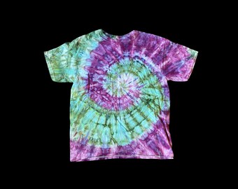 Tie-Dye T Shirt Size Youth Large Hand Dyed Purple Green  Ice-Dyed Short Sleeve Unisex Spiral