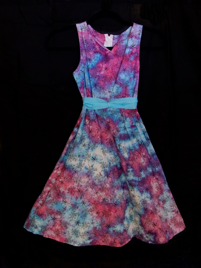 Tie-Dye Hand Ice-Dyed Butterfly Dress Girls Size 10 with Blue Sash Blue Pink Purple