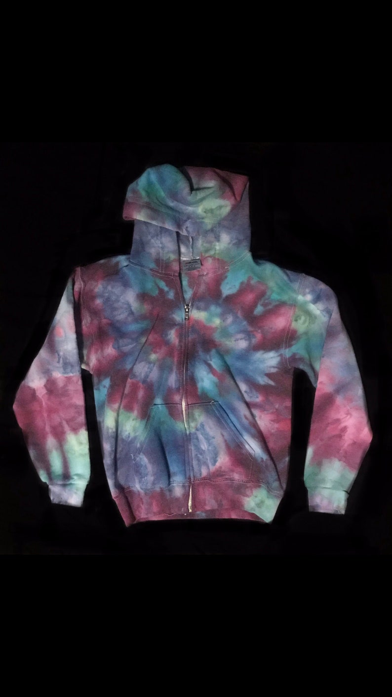 Tie-Dye Youth Medium Hand Ice-Dyed Zip Up Hoodie Spiral Purple Blue Green