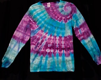 Tie-Dye Long Sleeve T-Shirt Unisex Ice-Dye Size Adult Small Purple Teal Green  Gildan 100% Cotton Spiral