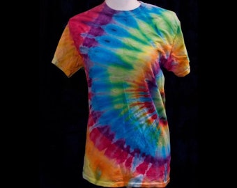 Tie-Dye Unisex T Shirt Size Small Rainbow Ice Dyed Hand Dyed T-Shirt 100% Cotton Side Spiral