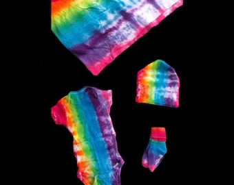 Tie-Dye Rainbow Baby Onesie Set with Matching Socks, Beanie Hat, and Blanket Gift Set Handmade Infant 0-3M One of a Kind