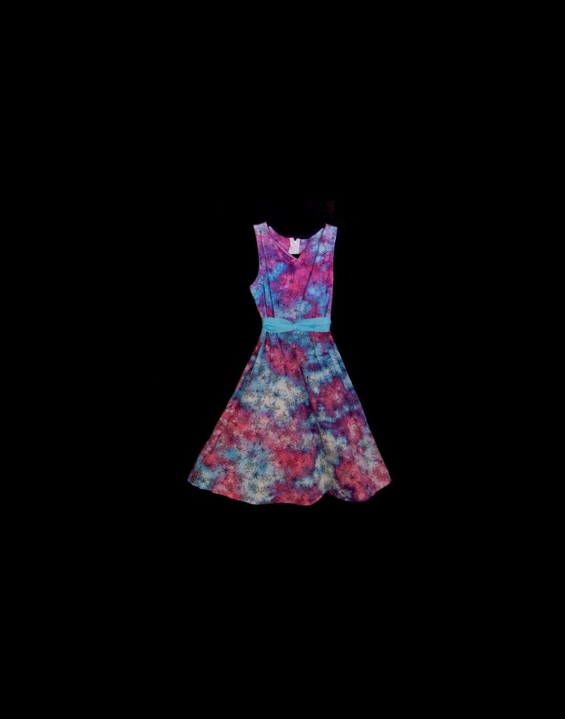 Tie-Dye Hand Ice-Dyed Butterfly Dress Girls Size 10 with Blue Sash Blue Pink Purple